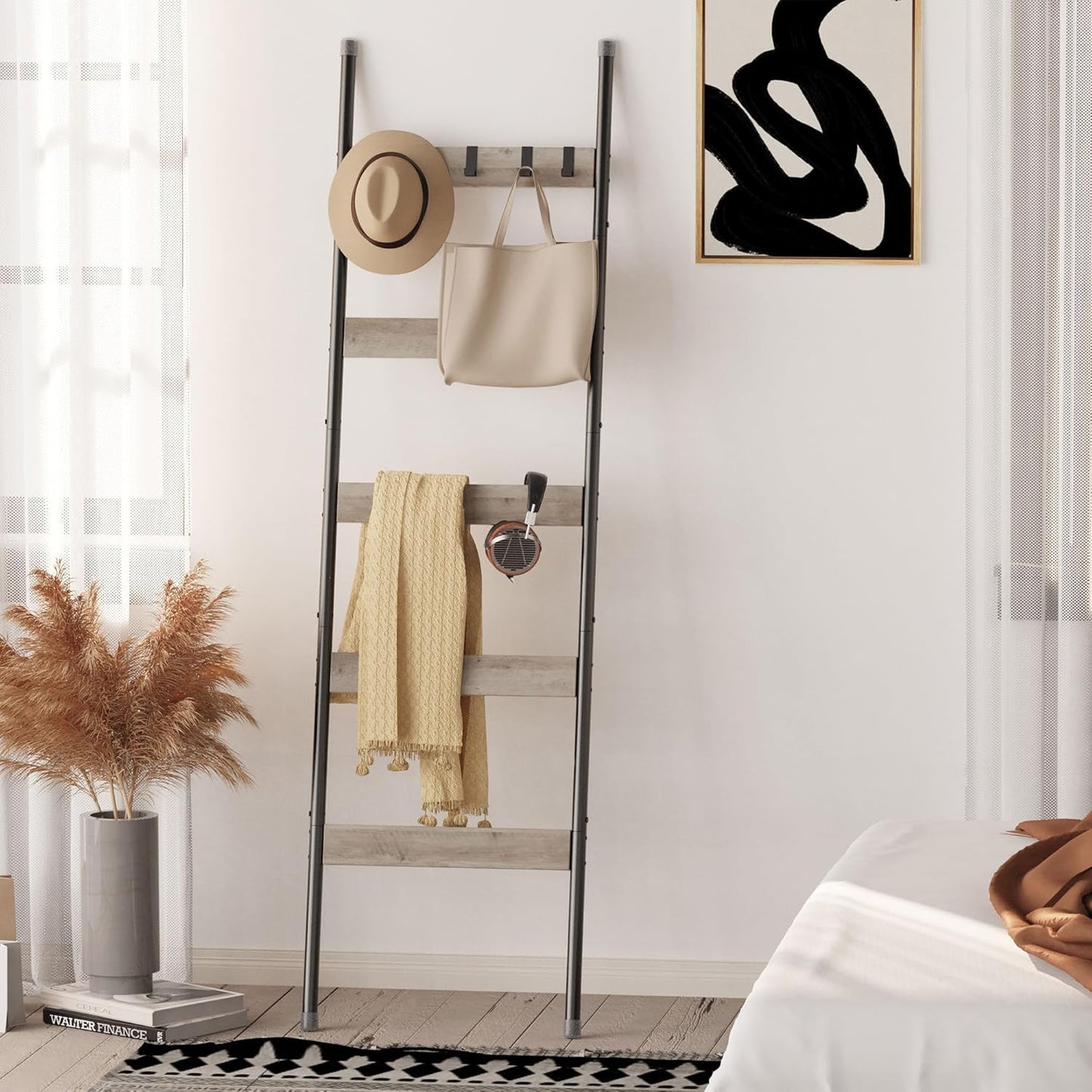 Blanket Ladder, 5-Tier Towel Holder with 4 Removable Hooks, Farmhouse Wall Leaning Decorative Rack Shelf, Wooden Towel Display Rack, Quilt Ladder for Living Room, Bedroom, Rustic Brown