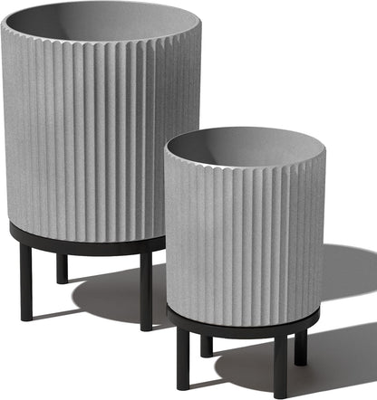 Veradek Demi Series Round Planter w/ Stand for Porch/Patio | Durable Plastic-Concrete & Wooden Stand | Modern Décor for Tall Plants, Flowers