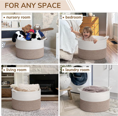 INDRESSME XXXLarge Blanket Basket for Living Room 21.7" x 21.7" x 13.8"-Storage Basket with Handle for Organizing Toy Pillows Woven Cotton Rope Laundry Basket Stuffed Animal Toy Storage for Play Room