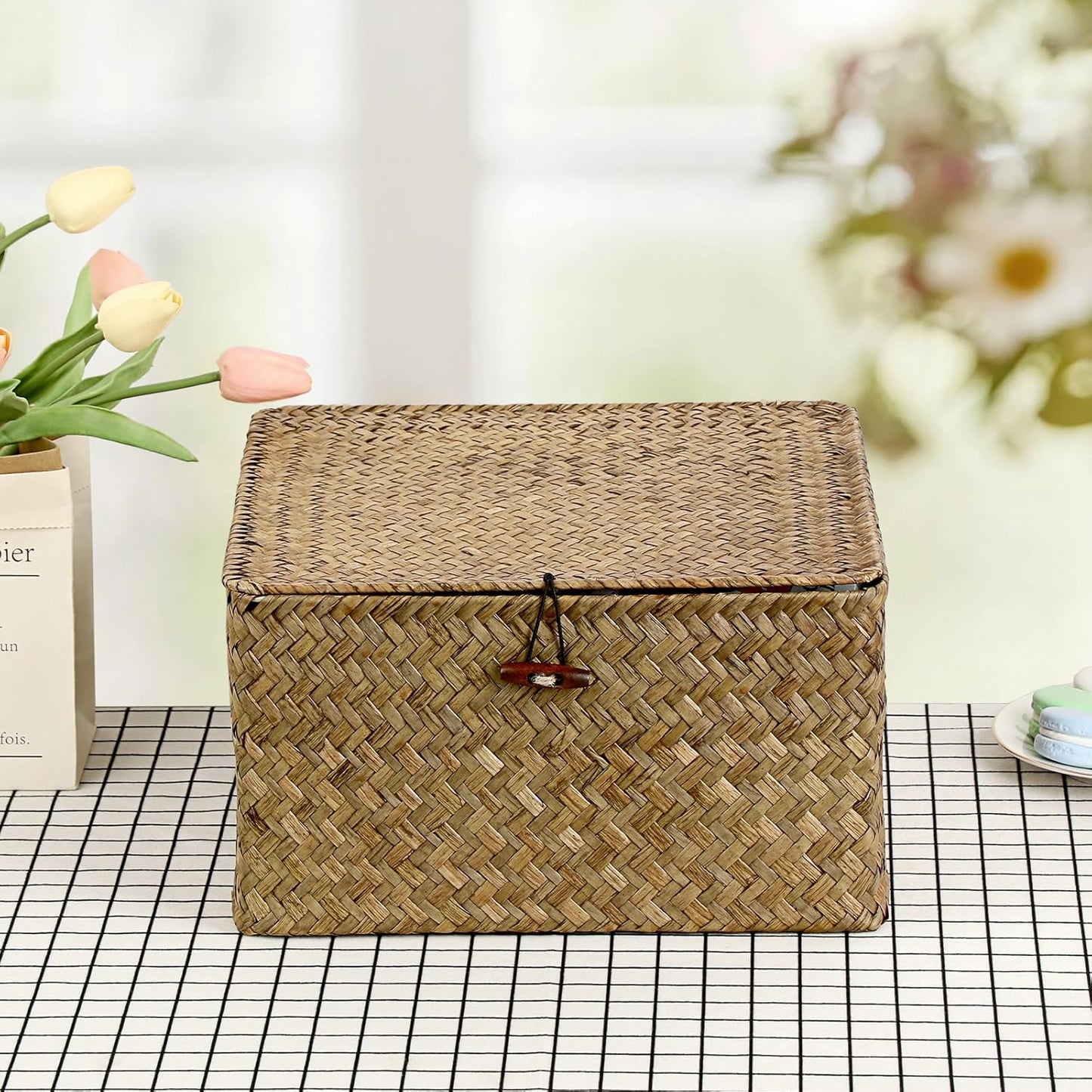 Hipiwe Seagrass Basket with Lid Wicker Storage Basket Square Handwoven Decorative Baskets Box for Shelf Multipurpose Household Baskets Home Decor,X-small