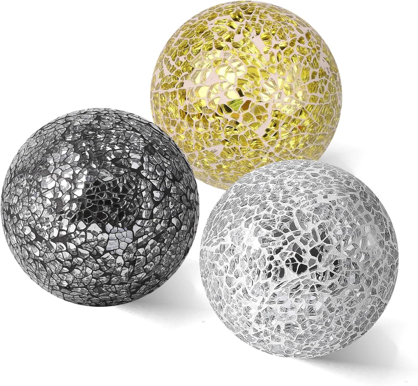 4in Decorative Mosaic Sphere Orbs Set of 3, Glass Balls for Whole Housewares,Wedding/Birthday,Bowls,Vases Dining Table Centerpieces(Silver,Black,Blue)