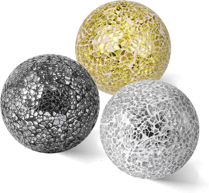4in Decorative Mosaic Sphere Orbs Set of 3, Glass Balls for Whole Housewares,Wedding/Birthday,Bowls,Vases Dining Table Centerpieces(Silver,Black,Blue)