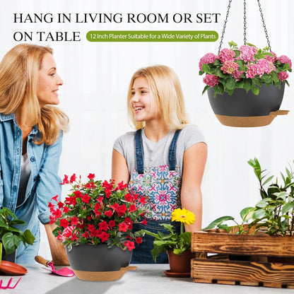 12 Inch Hanging Baskets 2 PC with Chains, Self-Watering Hanging Planters for Indoor Outdoor Plants, Plastic Hanging Flower Pots,Black
