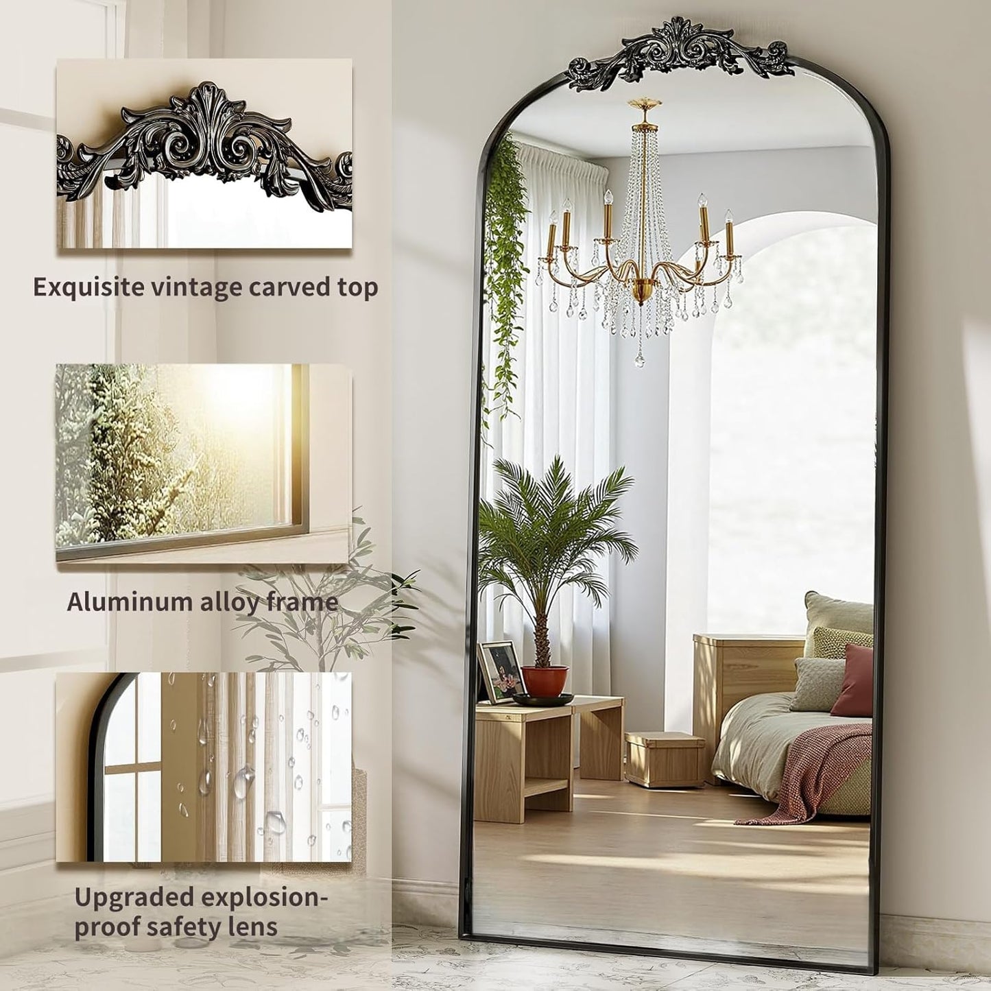 Dewfig Arched Full Length Mirror, 76"x34" Large Floor Mirror, Full Body Mirrors for Leaning or Hanging, Standing Mirrors for Bedroom, Living Room,Dressing Room, Aluminum Alloy Frame, Black