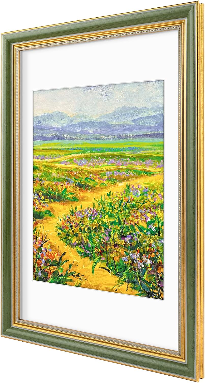 Golden State Art,11x14 Ornate Picture Frame for 8x10 Photo with Mat or 11 x 14 Prints without Mat,Real Glass Wall Display(Color:Green Gold)