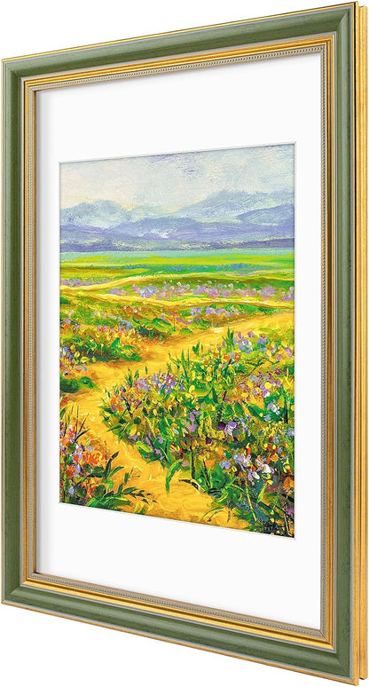 Golden State Art,11x14 Ornate Picture Frame for 8x10 Photo with Mat or 11 x 14 Prints without Mat,Real Glass Wall Display(Color:Green Gold)