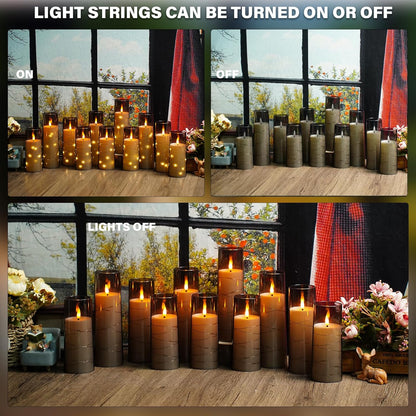 Nimiko Flickering Flameless LED Candles, 9 Pcs with Embedded Star String, Acrylic LED Pillar Candles with Remote, Suitable for Home Decoration (White)