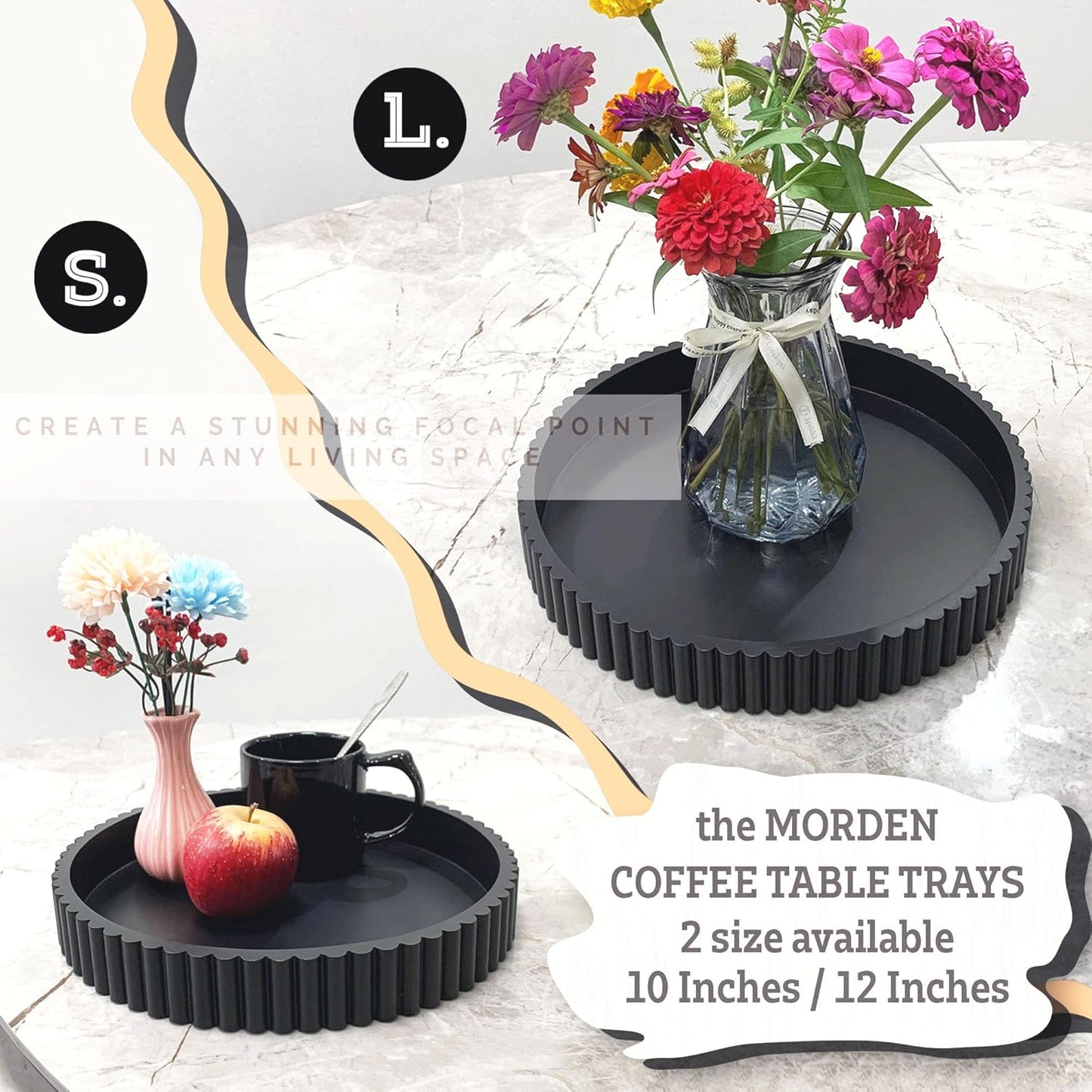 Modern Table Round Decorative Trays 2pcs Home Decor - Circle Coffee Table Centerpiece Set 12"/10" - Wooden Cool Grey Ottoman Tray with Fluted Edge