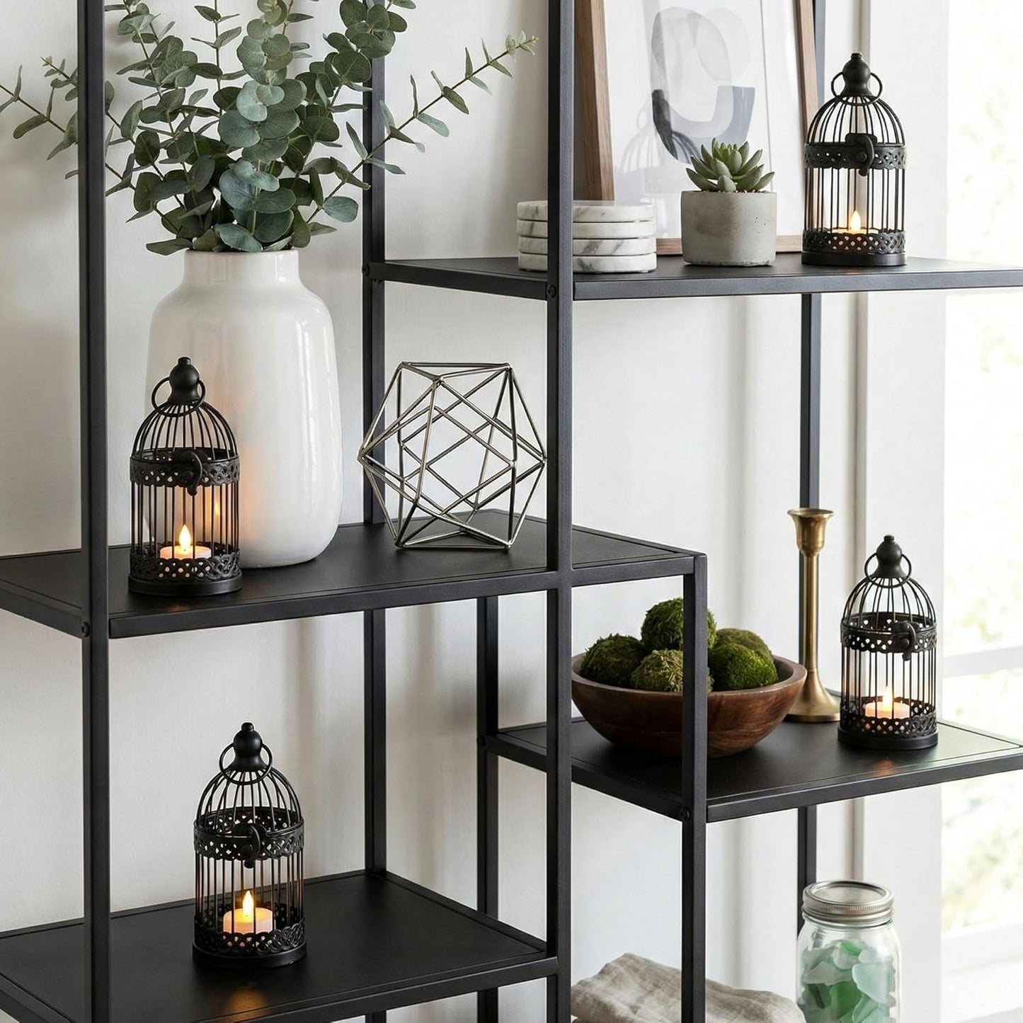 Vela Lanterns Bird Cage Decor Candle Holder Lantern Decorative Wedding Table Centerpiece Decorations, White, Small, Set of 4