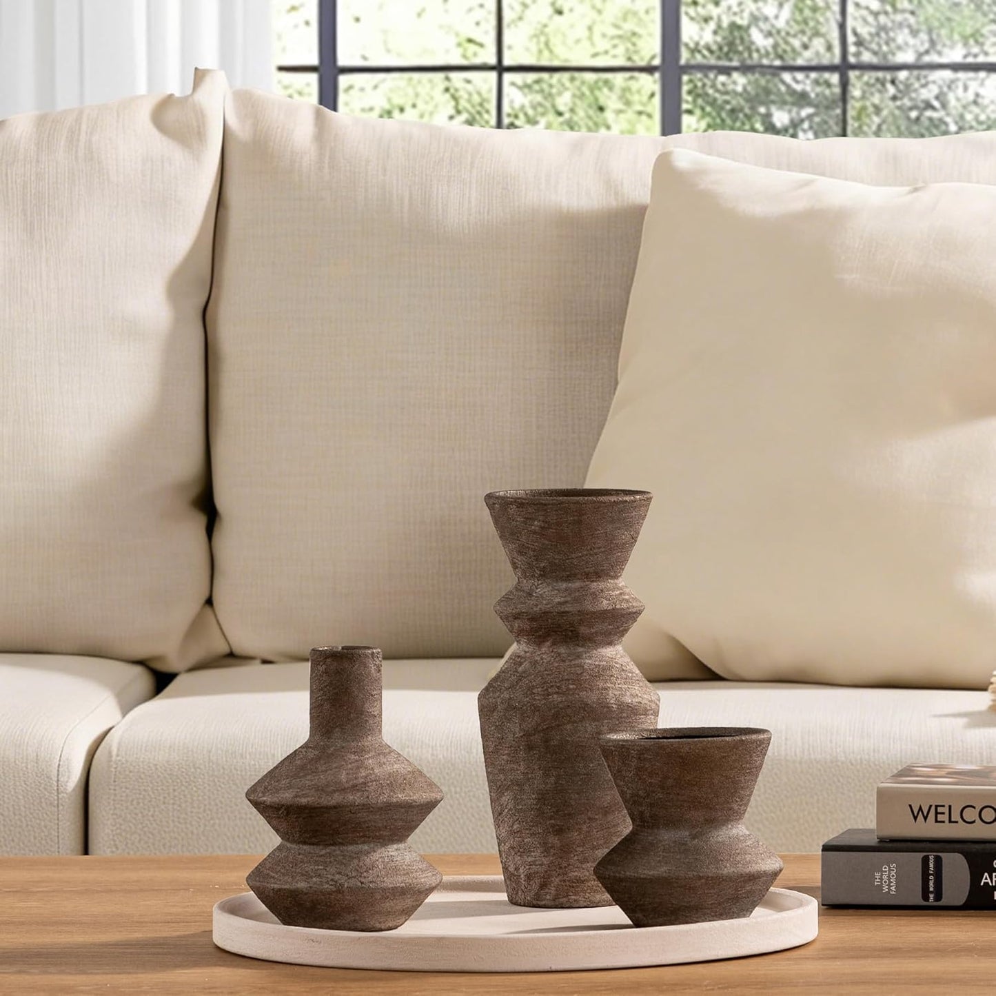 Ceramic Vase Home Table Decor - Flower Vase Set of 3 Living Room Kitchen Decorations Farmhouse Modern Rustic Vases Decorative Centerpiece for Shelf Bedroom Office Bathroom Dining Coffee Desk