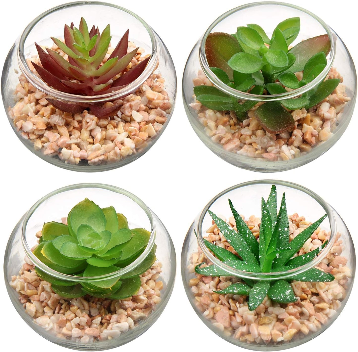 Briful Mini Fake Plants 4 Packs Succuletns Artificial Potted Plants in Cube Glass Vase Faux Succulents for Bathroom Living Room Kitchen Shelf Table Decor