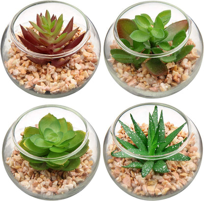 Briful Mini Fake Plants 4 Packs Succuletns Artificial Potted Plants in Cube Glass Vase Faux Succulents for Bathroom Living Room Kitchen Shelf Table Decor