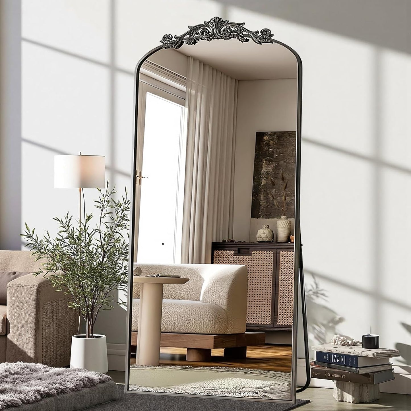 Dewfig Arched Full Length Mirror, 76"x34" Large Floor Mirror, Full Body Mirrors for Leaning or Hanging, Standing Mirrors for Bedroom, Living Room,Dressing Room, Aluminum Alloy Frame, Black