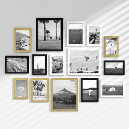 Venusmiles 15 Pack Picture Frames Collage Wall Decor, Gallery Frame Set for Wall Mounting or Tabletop Display, Multi Sizes Including 3pcs 8x10, 6pcs 5x7, 6pcs 4x6, Oak