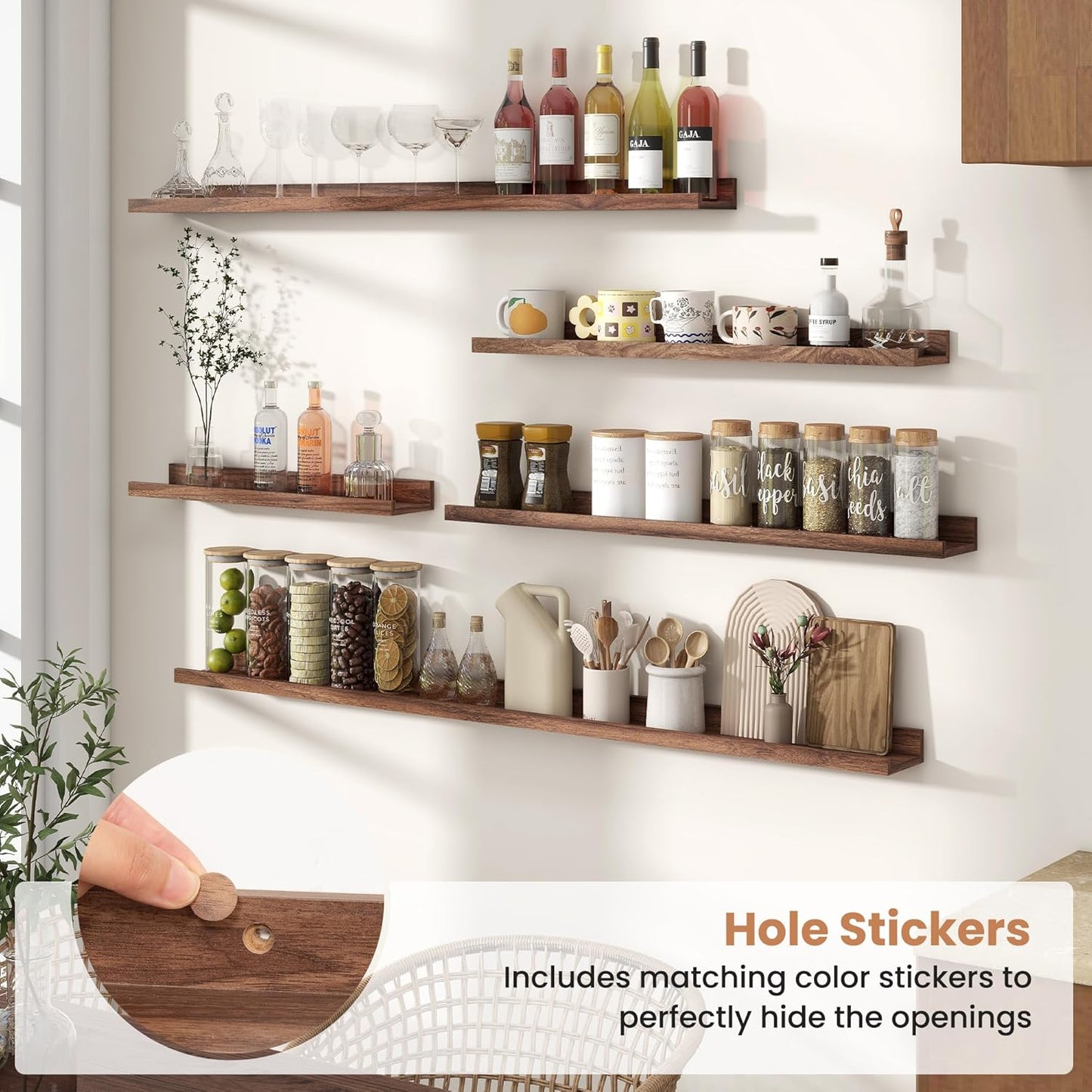 Fun Memories Picture Ledge Shelves Set of 2, 32 Inch Rustic Wall Mounted Floating Shelves with Lip for Home Storage and Décor in Bathroom, Kitchen, Nursery, Bedroom, Living Room, Walnut