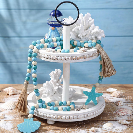Janinka 2 Pcs Farmhouse Seashell Bead Garland with Tassels Decorative Beads Decor Nautical Farmhouse Tiered Tray Decorations Set Coastal Garland for Home and Kitchen, Wooden Beads(White)