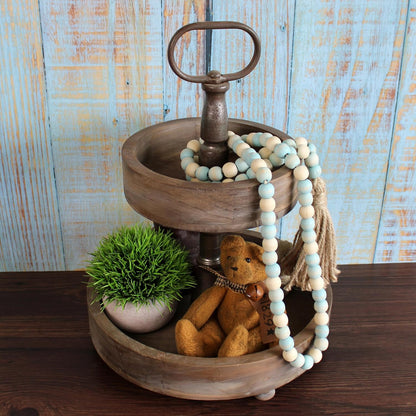 CVHOMEDECO. Wood Beads Garland with Tassels Farmhouse Rustic Wooden Prayer Bead String Wall Hanging Accent for Home Festival Decor. Mix Distressed