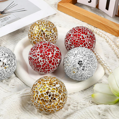 6 Pcs Decorative Balls for Bowls, 2.4 Inch Mosaic Sphere Balls Decorative, Mosaic Glass Orbs Centerpiece Balls Decoration for Vases Dining Table Home Living Room