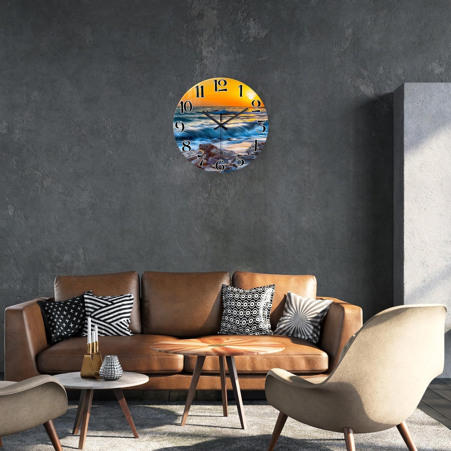 Beach Wall Clock Battery Operated 12 Inch Glass Wall Clock Non Ticking Analog Blue Wall Clocks for Bedroom Living Room Office Decor