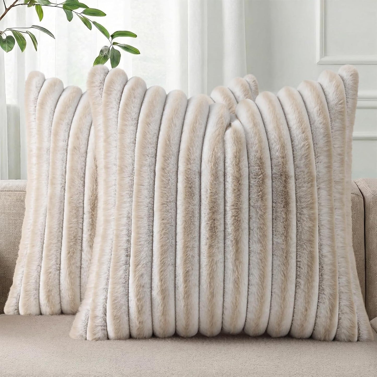 Pallene Faux Fur Plush Throw Pillow Covers 18x18 Set of 2, Luxury Soft Fluffy Striped Decorative Pillow Covers for Sofa, Couch, Living Room, Cream White