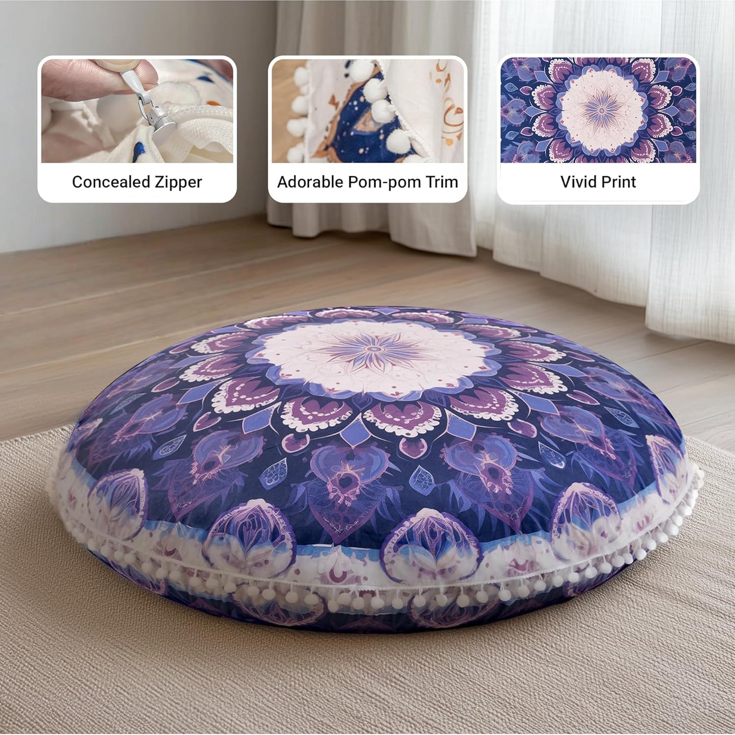 Meditation Cushion Set of 2, 32 Inch Extra Thick Memory Foam Round Floor Pillow with Removable Washable Cover, Bohemian Mandala Yoga Cushion for Adults - Ideal Holiday Decor, Brown