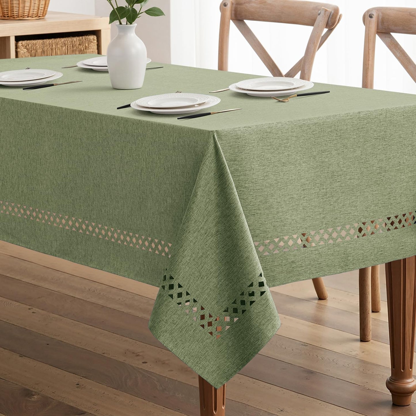 MIULEE Beige Rectangle Linen Polyester Tablecloth with Decorative Cutouts Spring Waterproof Stain Resistant & Shrink-Proof Table Cloth 52x70 inch Farmhouse Style for Dining Wedding and Outdoor