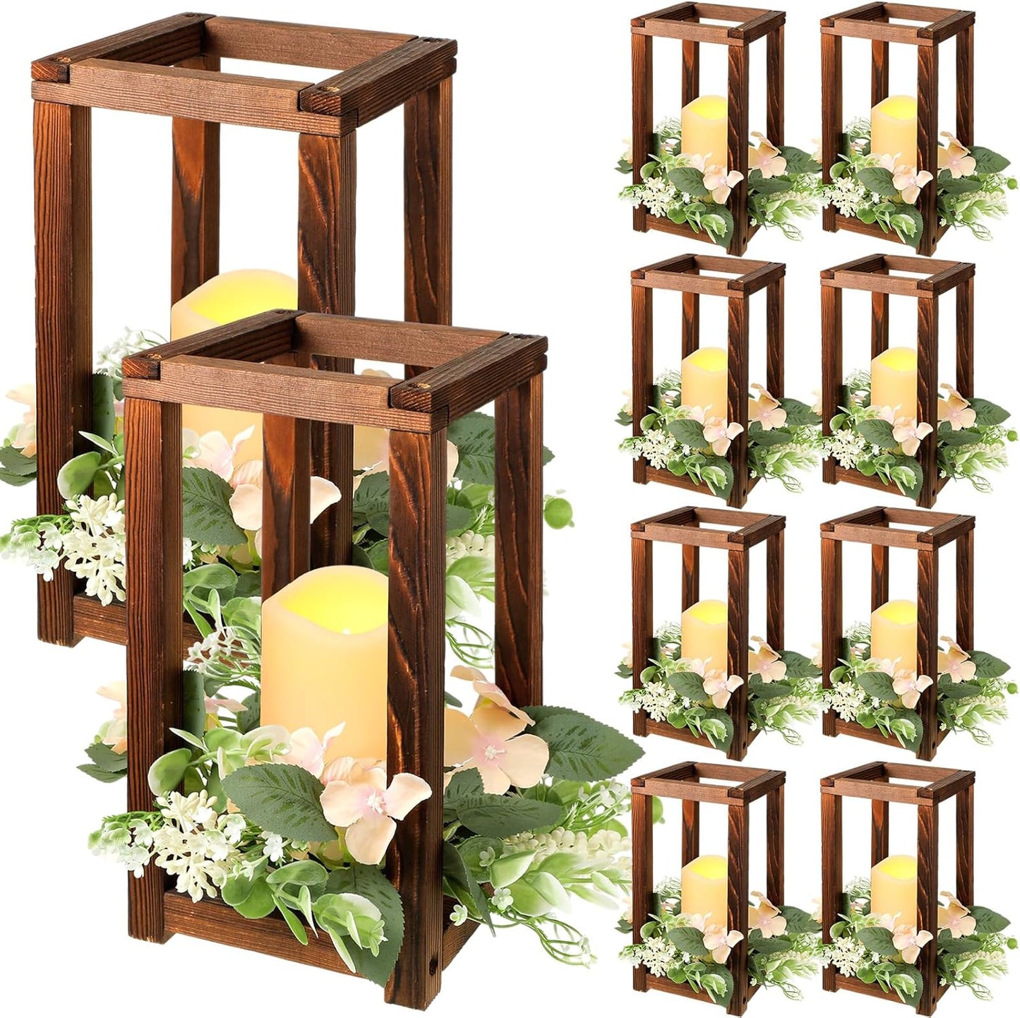 Hushee 30 Pcs Wooden Wedding Lantern Centerpiece Integrated Holders with Candles and Wreaths Rustic Wooden Candle Lantern Decor for Wedding Party Table Valentine Decor (Yellow)