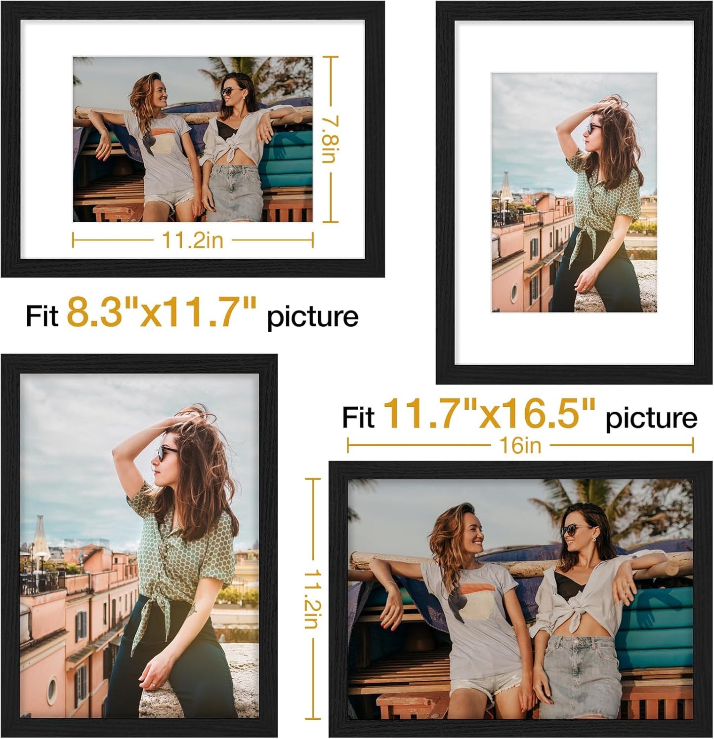 Vittanly 11x14 Picture Frame, Display Pictures 8x10 with Mat or 11x14 without Mat, Photo Frame for Wall Mounting, Black, 1 Pack - Colors A