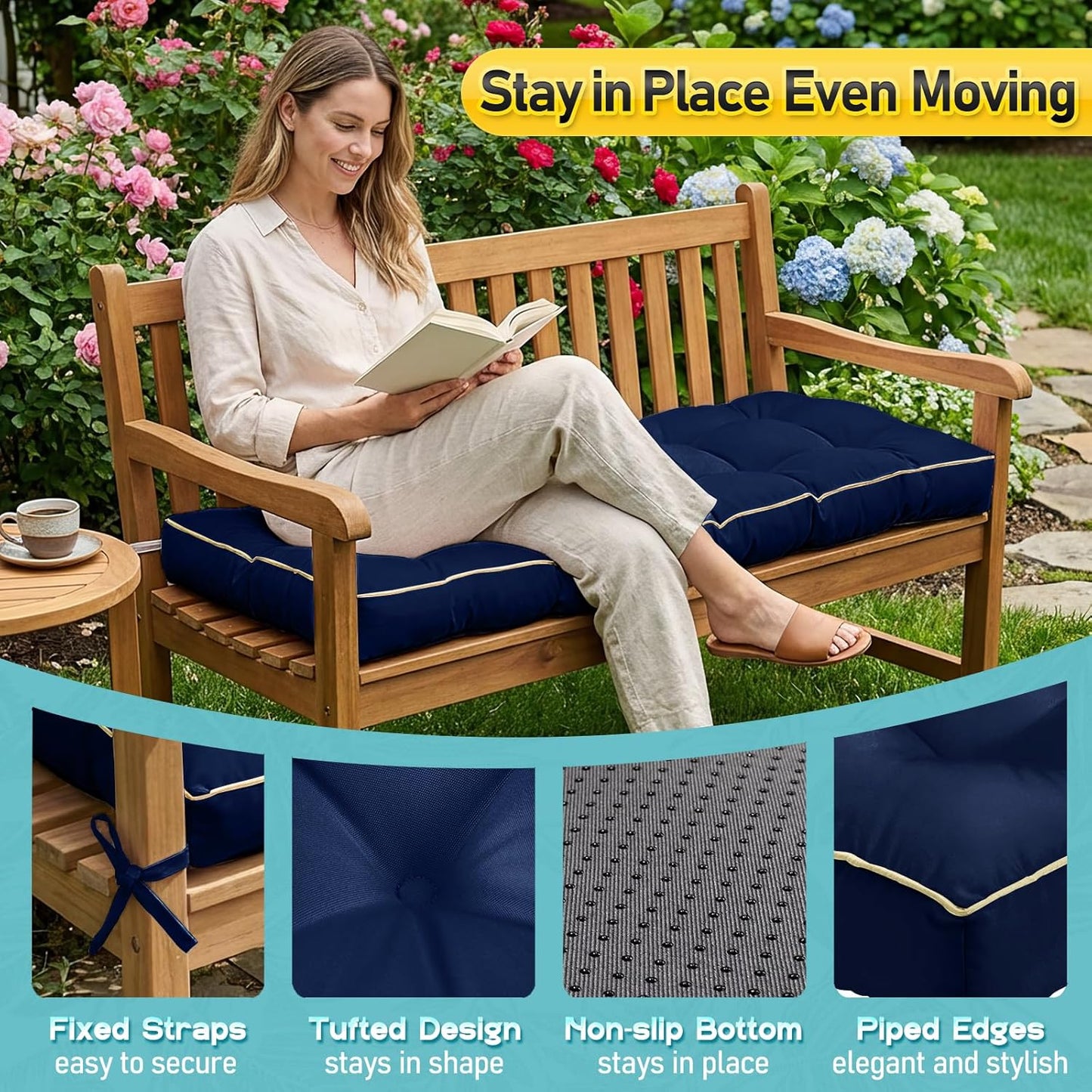 Outdoor Bench Cushion, Tufted Patio Seat Pad for Garden Bench, Porch Swing, Indoor/Outoor Furniture (Blue, 48X18X4 inch)
