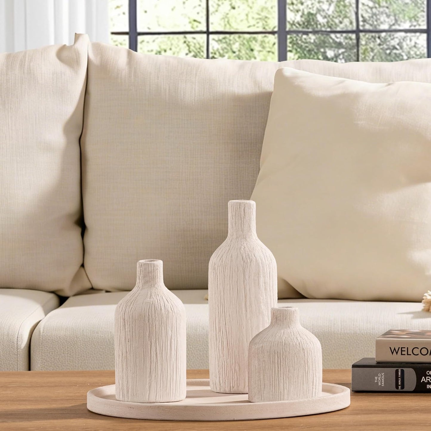 Ceramic Vase Home Table Decor - Flower Vase Set of 3 Living Room Kitchen Decorations Farmhouse Modern Rustic Vases Decorative Centerpiece for Shelf Bedroom Office Bathroom Dining Coffee Desk