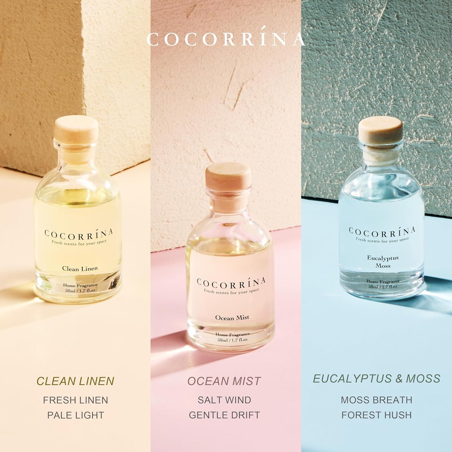 COCORRÍNA Eucalyptus Reed Diffuser Set of 3 - Lavender Eucalyptus, Black Forest, Clean Cotton Scents, 1.7 fl oz Each, Total 5.1 oz, Scented Oil Diffusers for Home & Office﻿