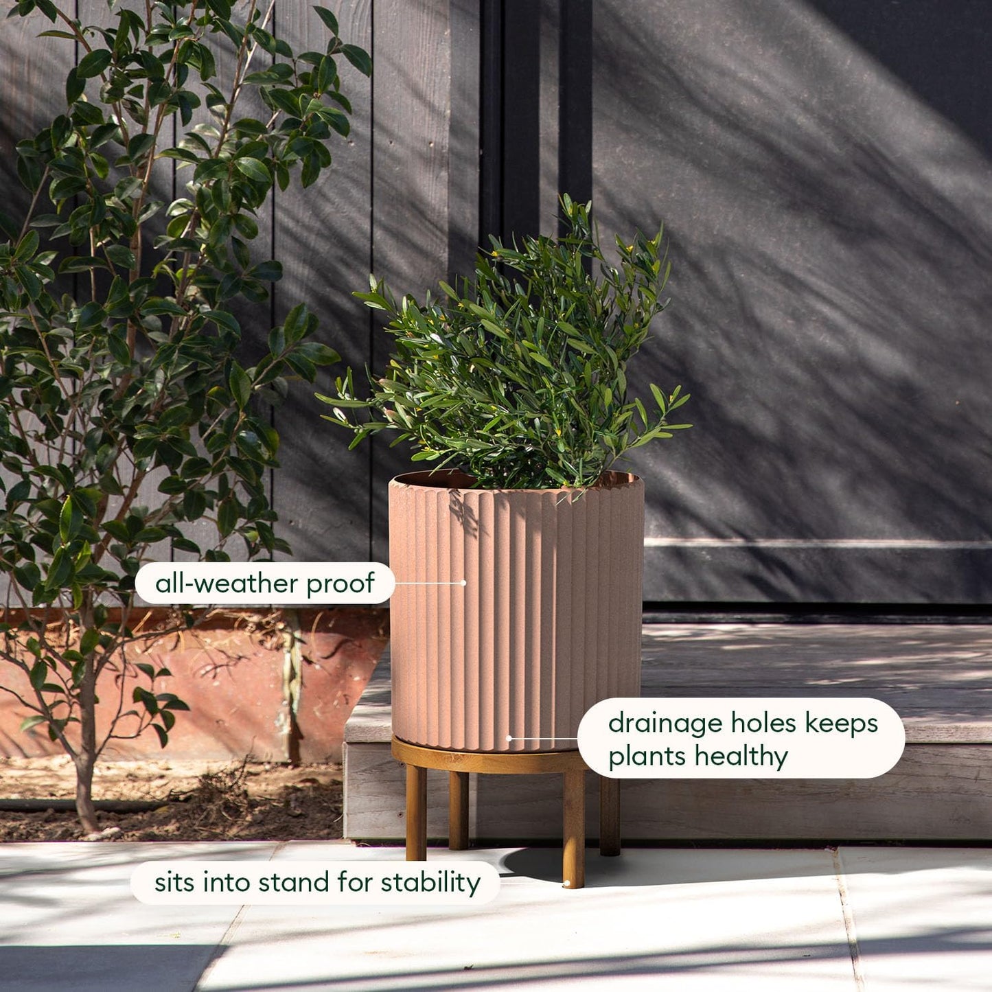 Veradek Demi Series Round Planter w/ Stand for Porch/Patio | Durable Plastic-Concrete & Wooden Stand | Modern Décor for Tall Plants, Flowers