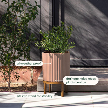 Veradek Demi Series Round Planter w/ Stand for Porch/Patio | Durable Plastic-Concrete & Wooden Stand | Modern Décor for Tall Plants, Flowers
