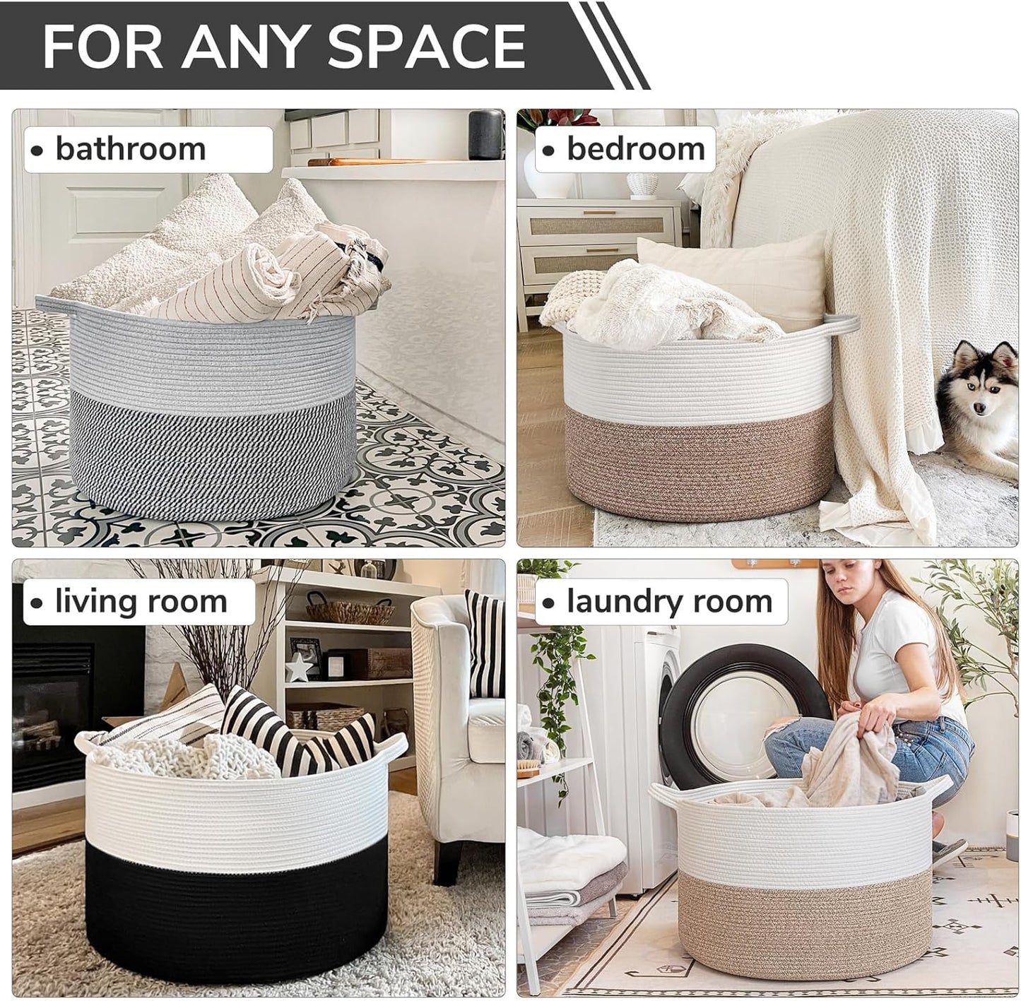 INDRESSME XXXLarge Blanket Basket for Living Room 21.7" x 21.7" x 13.8"-Storage Basket with Handle for Organizing Toy Pillows Woven Cotton Rope Laundry Basket Stuffed Animal Toy Storage for Play Room