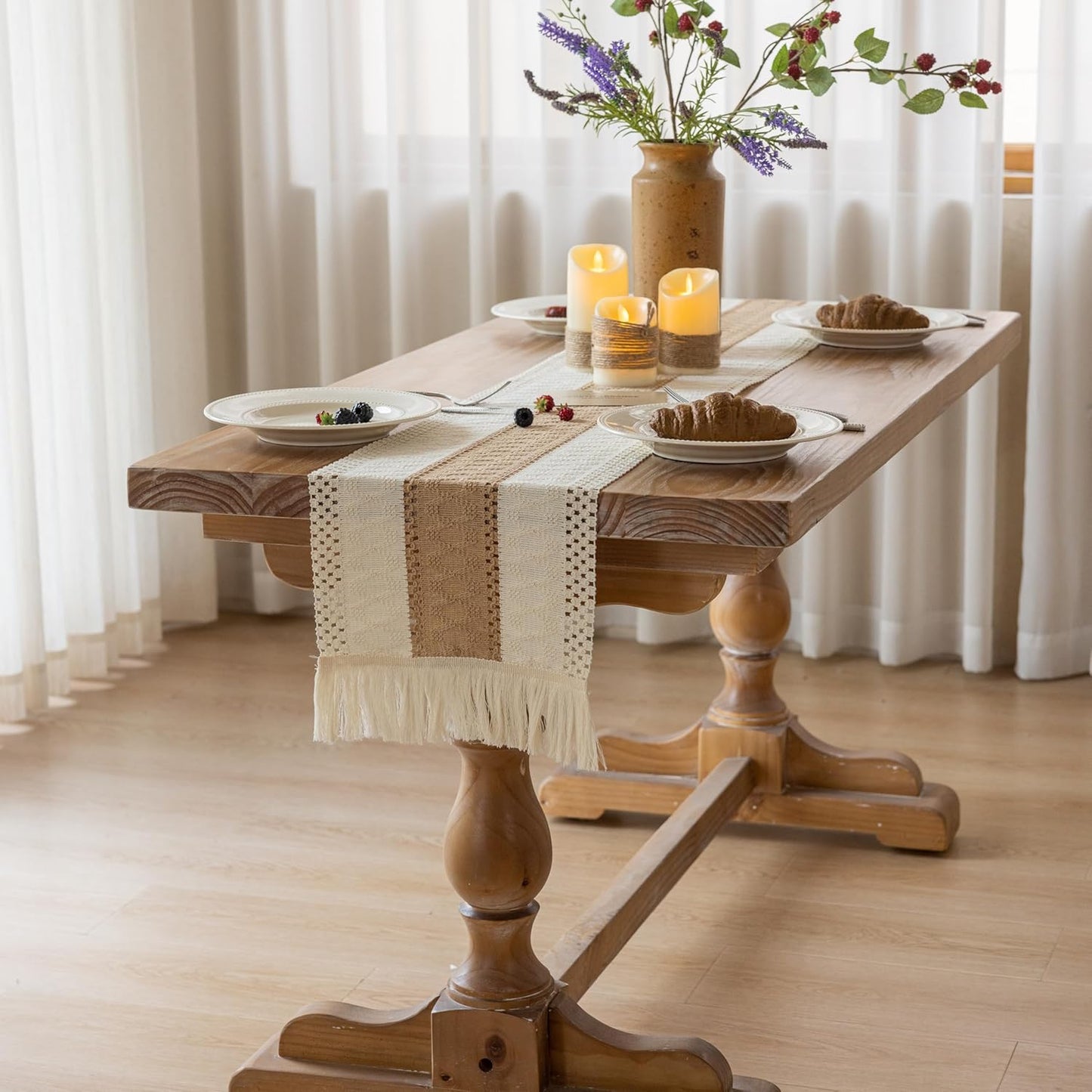 Keketoarrange Boho Sage Green Table Runner for Summer Home Decorations 12x72 Inches Farmhouse Small Macrame Woven Burlap Rustic Coffee Dresser Dining Kitchen Centerpiece Bohemian Decor