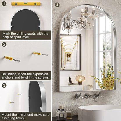 Brightify Arched Mirror, Arched Wall Mirror, 24 x 32 Inch Silver Arch Mirror, Metal Frame Silver Bathroom Mirror, Arched Top Bathroom Vanity Mirror for Living Room Bedroom Mantel Entryway Hallways