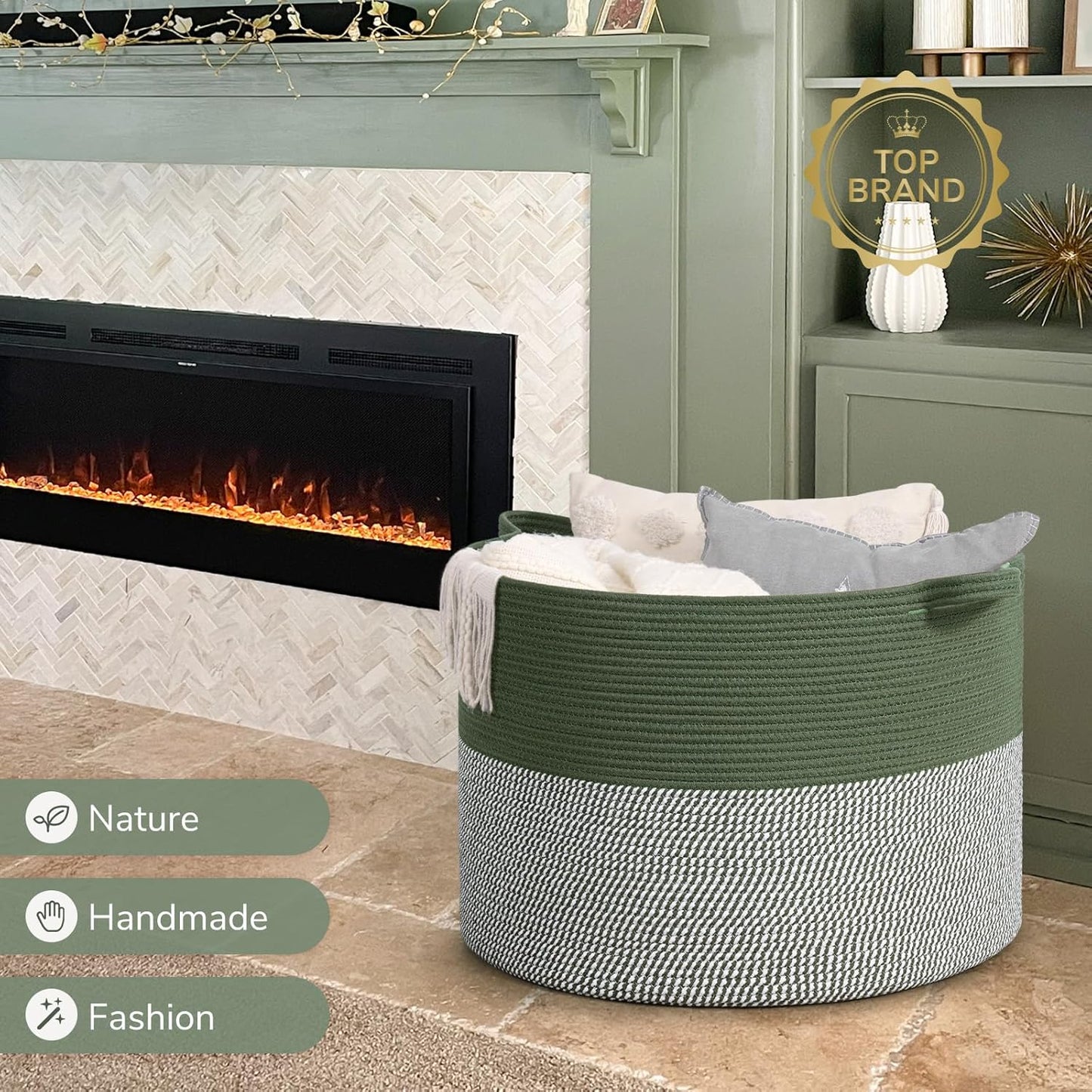 INDRESSME XXXLarge Blanket Basket for Living Room 21.7" x 21.7" x 13.8"-Storage Basket with Handle for Organizing Toy Pillows Woven Cotton Rope Laundry Basket Stuffed Animal Toy Storage for Play Room