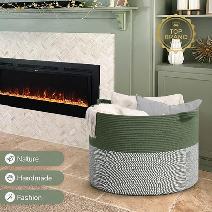 INDRESSME XXXLarge Blanket Basket for Living Room 21.7" x 21.7" x 13.8"-Storage Basket with Handle for Organizing Toy Pillows Woven Cotton Rope Laundry Basket Stuffed Animal Toy Storage for Play Room