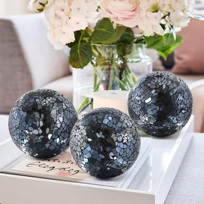 3Pcs Mosaic Glass Orbs Decorative Balls Set 8.5cm/3.35inch Blue Sphere Wedding Party Home Decor Table Centerpiece