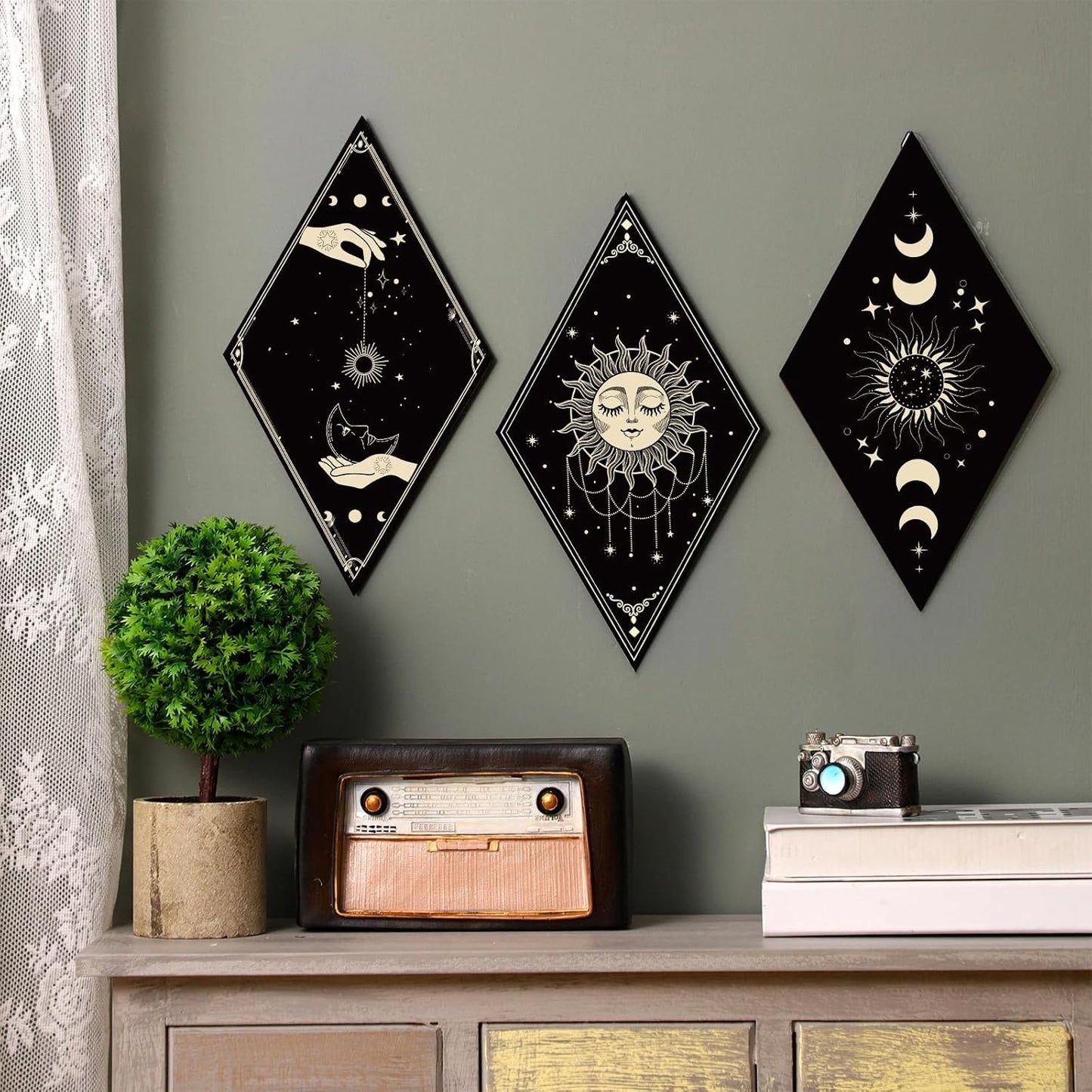 Sintuff 6 Pieces Gothic Wall Decor Boho Sun Moon Phases Wall Art Gothic Minimalist Stars Sun Hanging Wooden Home Decor Farmhouse Pediments for Gallery Living Bedroom Room(Mushroom)