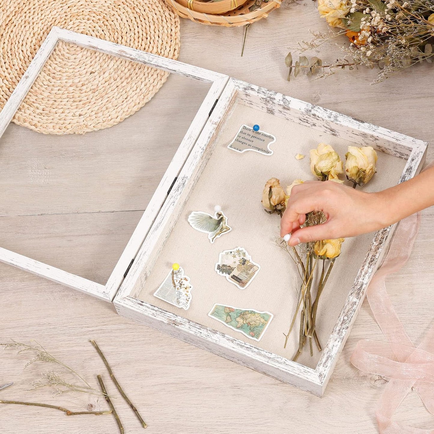 Califortree 8x10 Shadow Box Frame with Linen Back - Sturdy Rustic Memory Display Case of Flower, Pictures, Medals and More, White