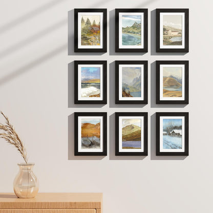 Vittanly 8x10 Picture Frames Set of 9, Shatter Resistant Plexiglass, Display 5x7 Pictures with Mat or 8x10 without Mat, Photo Frames for Wall or Tabletop, Engineered Wood, Black - Colors A