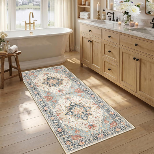 RELEANY Area Rugs Round 6ft Washable Non-Slip, Floral Vintage Distress Print Pattern Medallion Carpet for Living Room Bedroom Dining Room, Brick Red Rust Neutral Brown Burnt Orange Green - Colors B