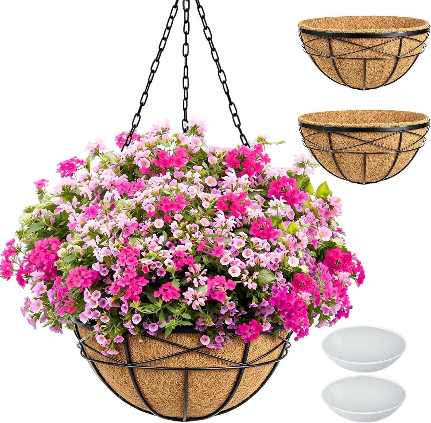 4 Pack 12 Inch Hanging Planters for Outdoor Plants Metal Watering Flower Baskets with Coco Liner for Outside Panting Plant Holder Pot for Home Garden Porch Balcony Railings Decor