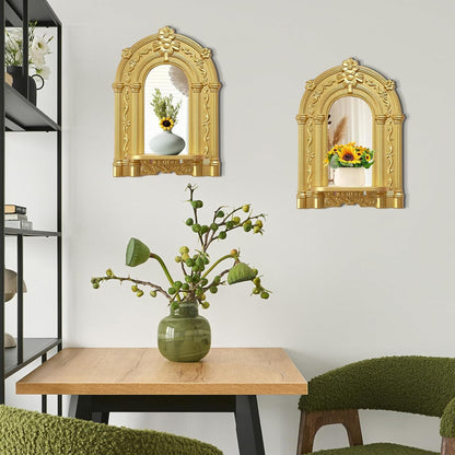 Three-Dimensional Relief Candle Sconces Set 2 Rustic Wall Mount Candle Holders Wood Hanging Wall Decor Mirrored Wall Art Hand Carved Home Decoration Gold