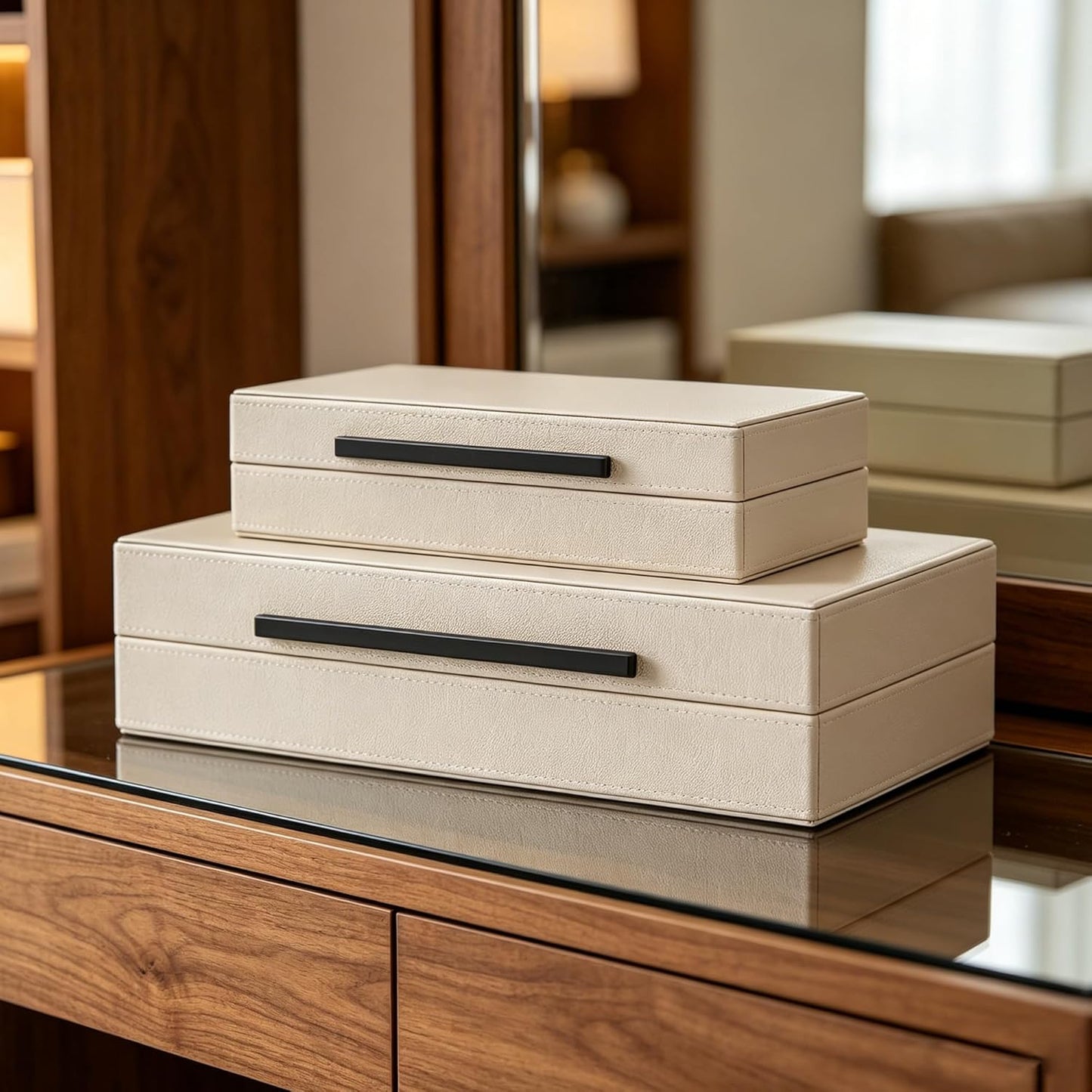 Set of 2 Shagreen Decorative Box, Modern Faux Leather Beige Decorative Storage Boxes with Lids and Metal Handles, Jewelry & Memory Box for Home, Office Decor (Beige+Gold Handles)