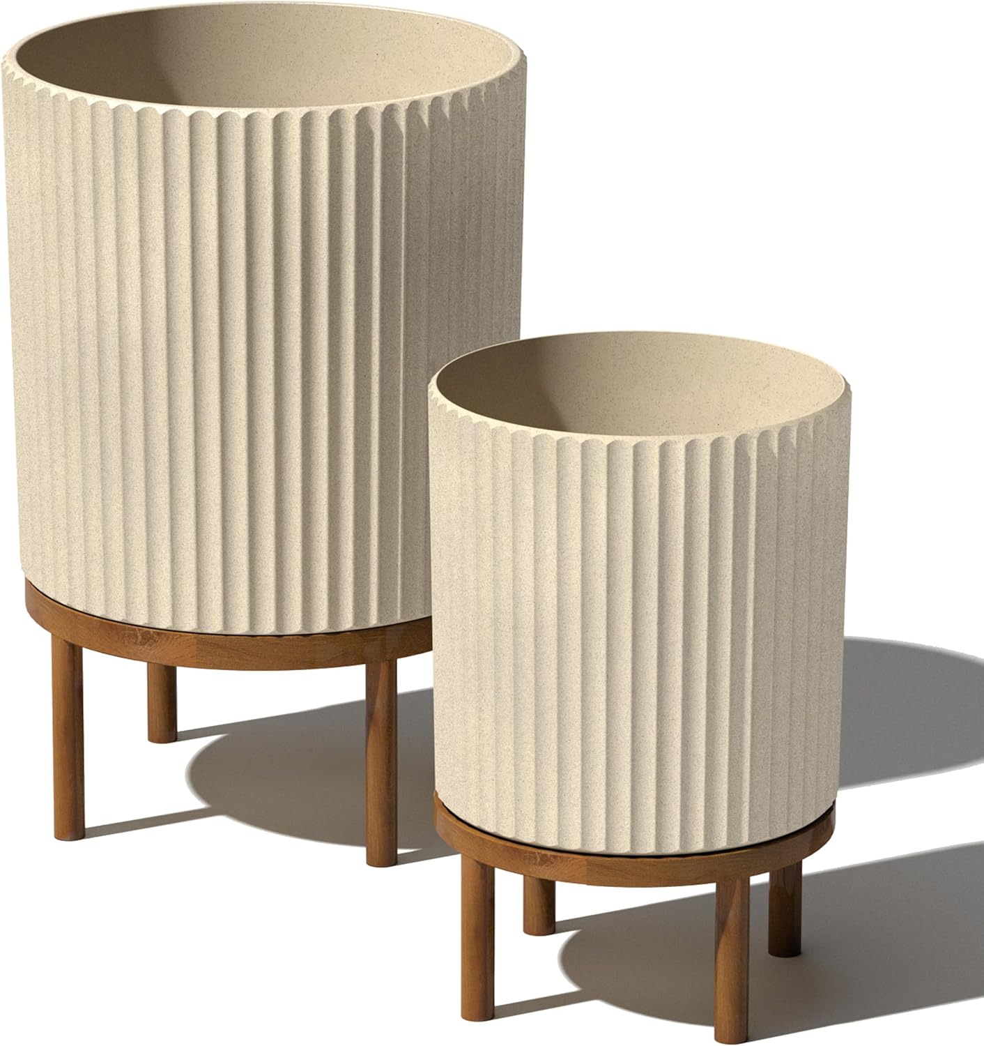 Veradek Demi Series Round Planter w/ Stand for Porch/Patio | Durable Plastic-Concrete & Wooden Stand | Modern Décor for Tall Plants, Flowers