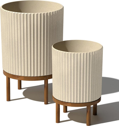 Veradek Demi Series Round Planter w/ Stand for Porch/Patio | Durable Plastic-Concrete & Wooden Stand | Modern Décor for Tall Plants, Flowers