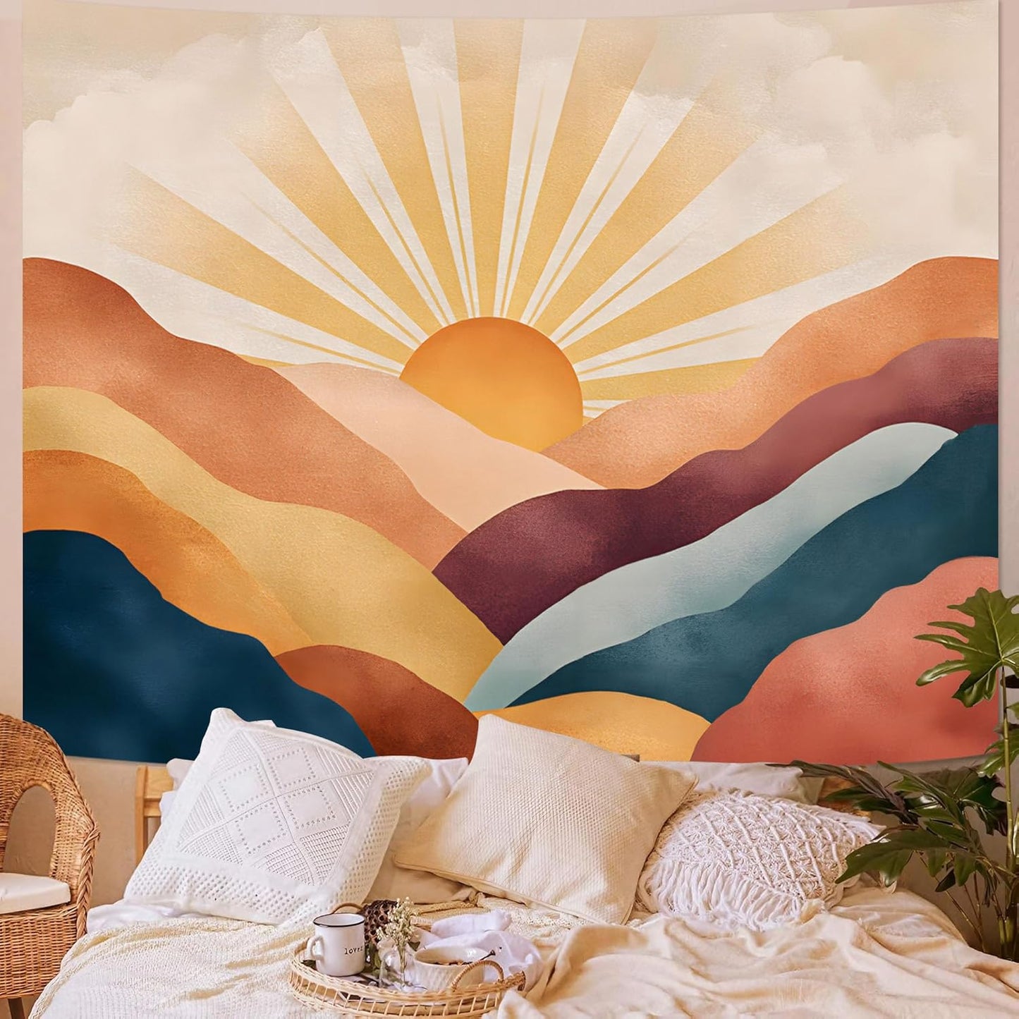 Lunerfex Bohemian Mandala Sunrise Wall Tapestry, Abstract Mountain Scenery Tapestries for Home Decor, Boho Tapestry 48x36 Inch