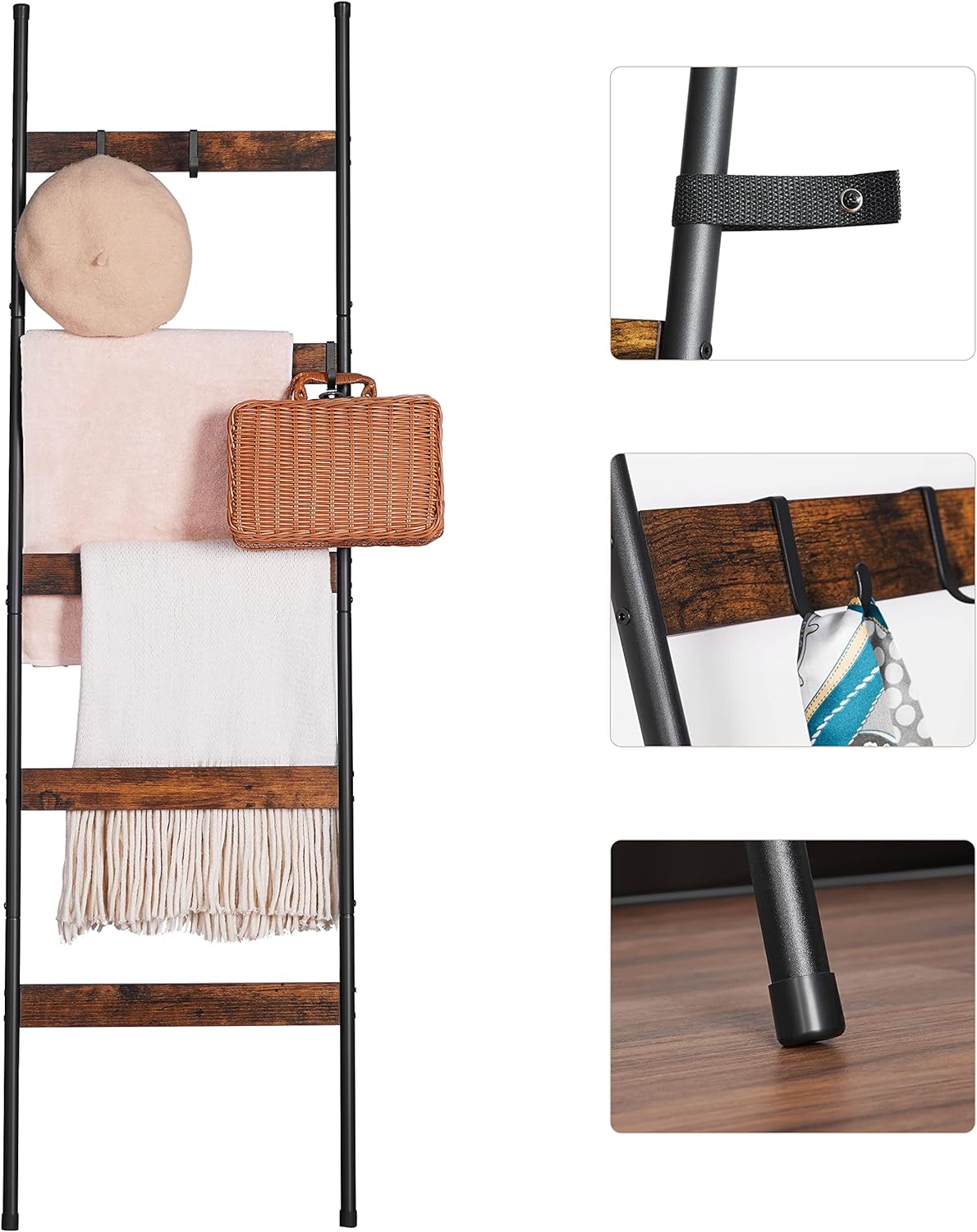 ELYKEN Blanket Ladder for Living Room, Farmhouse 5-Tier Quilt Holder with 4 Removable Hooks for Bathroom, Wood Towel Rack Display, Wall Anchor Leaning Decorative Stand for Home, Rustic Brown